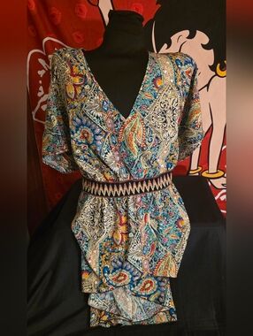 Breezaya Patchwork V-Neck Blouse with Embroidered Waist